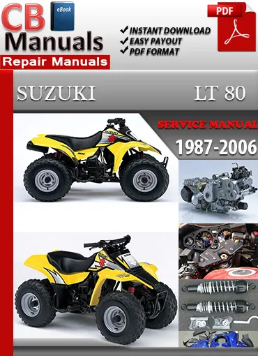 Suzuki LT 80 ATV 1987–2006 factory repair manual PDF download – Includes engine service, wiring diagrams, oil injection system, and chassis maintenance.